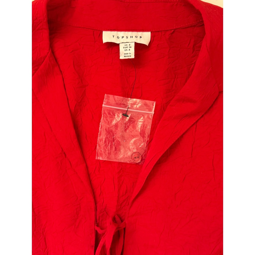 Topshop Red Crinkle Tie Front Blouse Long Sleeve V-Neck Top US 4 - Picture 3 of 8